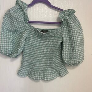 Primark Gingham Green Puff Sleeve Blouse